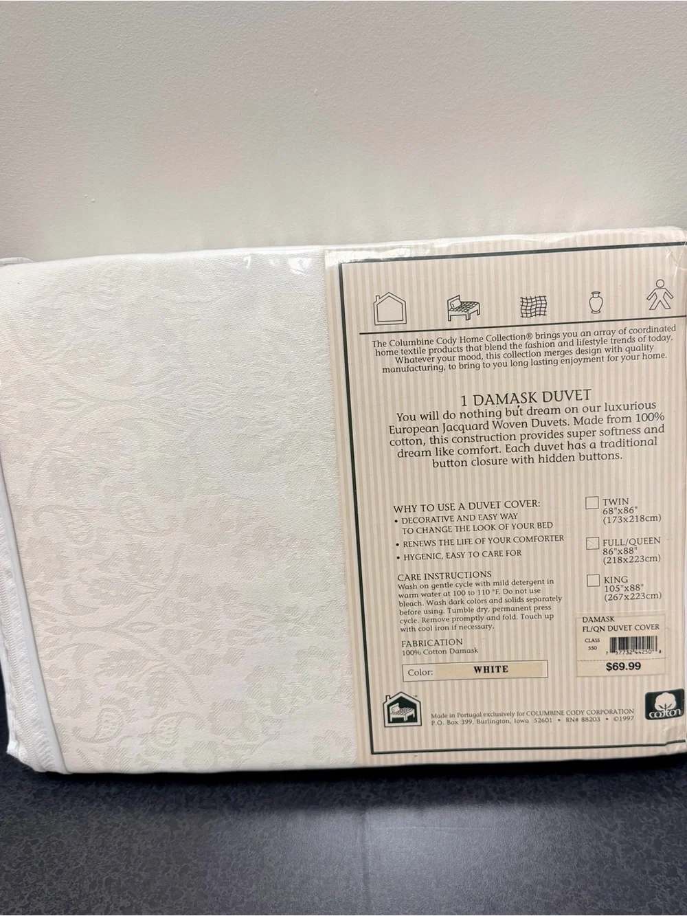 VTG 1997 Columbine Cody White Damask Duvet Cover Full Queen Jacquard Cottagecore